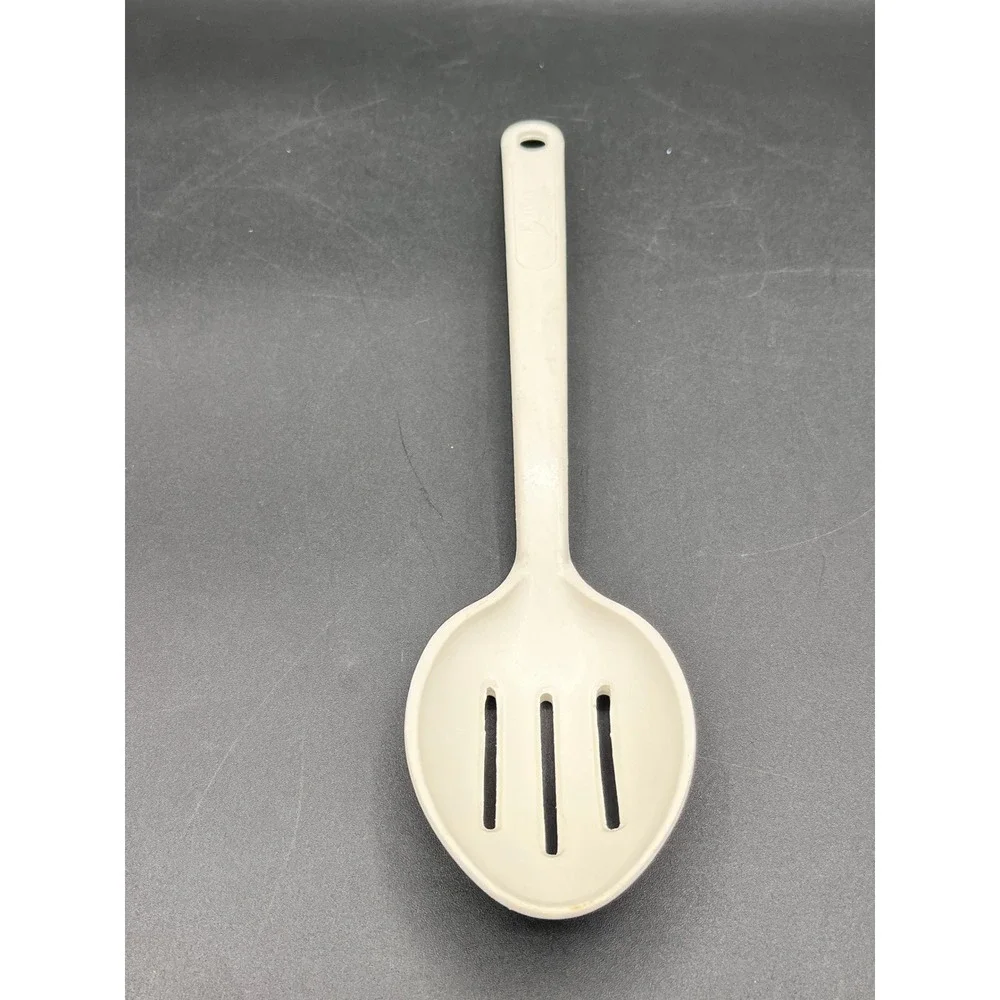 Vtg Pyrex Accessories Heavy Slotted Spoon Almond Cream Plastic Made in USA 11.5